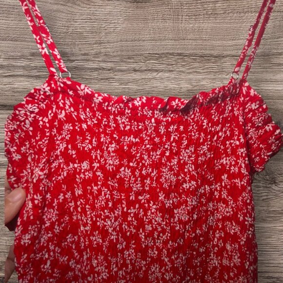 Red Floral Soft Flowy Maxi Dress Adjustable Straps Smocked Bodice Casual Comfort - Picture 4 of 12